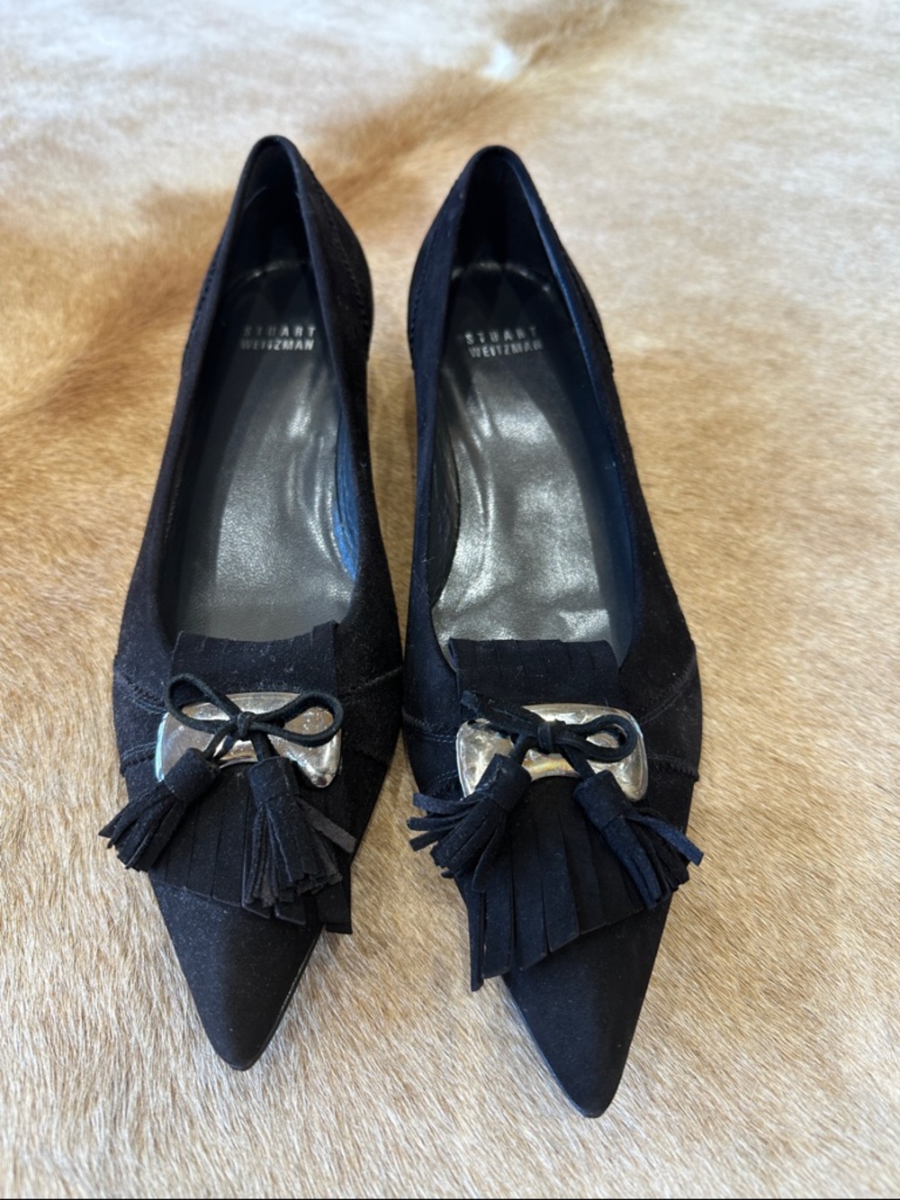 Stuart Weitzman Black Suede Pointed Tassel Flats with Bow Accent